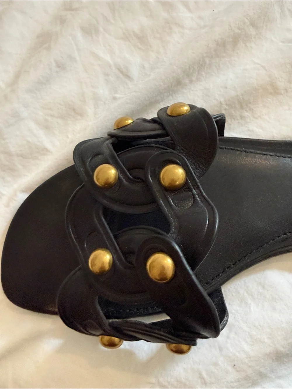 Rebecca Minkoff Black Leather Slide Sandals with Gold Studs